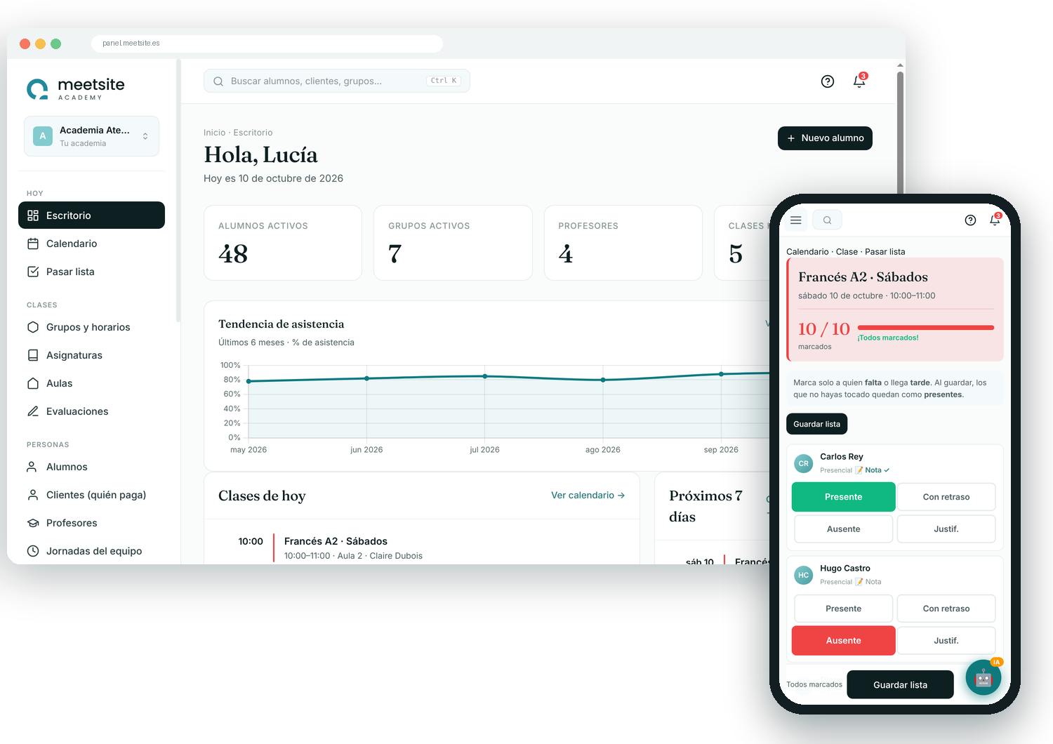 El panel de Meetsite Academy en el ordenador y la pantalla de pasar lista en el móvil